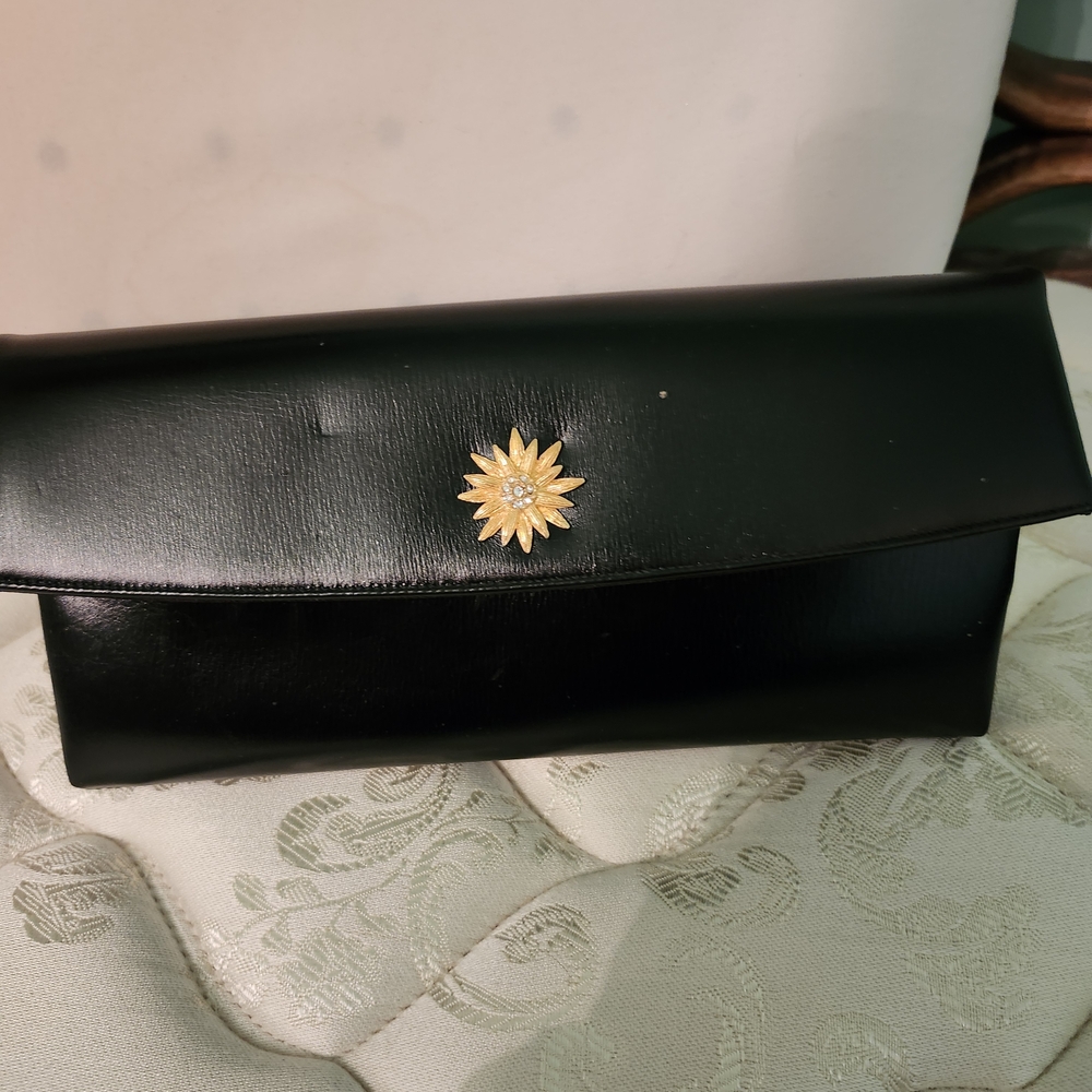 Saks Fifth Avenue Black Label Black Clutch with Gold Floral Accent